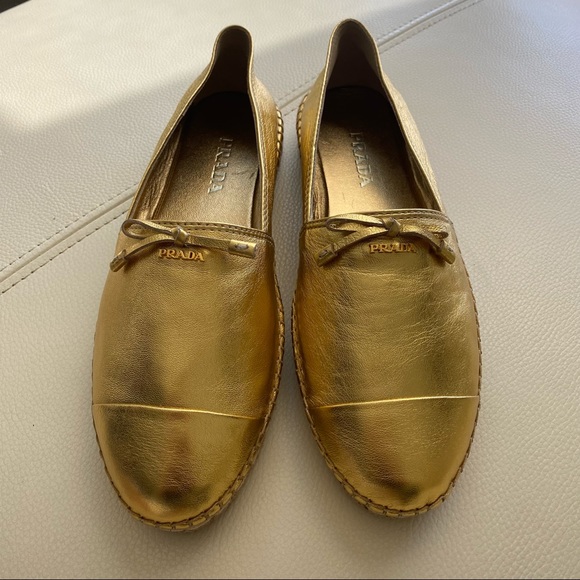 NWOT Prada Gold Metallic Leather Cap-Toe Flat Espadrille - Picture 8 of 15